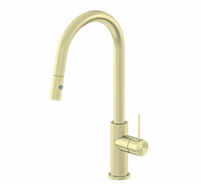 Nero Mecca Pull Out Sink Mixer With Vegie Spray Brushed Gold | The Blue Space