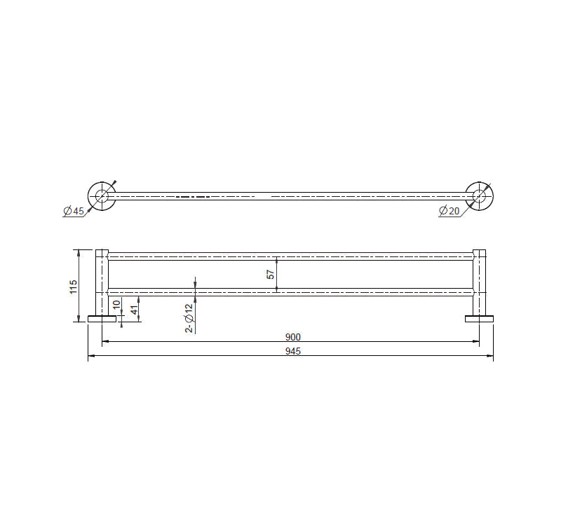 Technical Drawing: Mirage Double Towel Rail Chrome 900