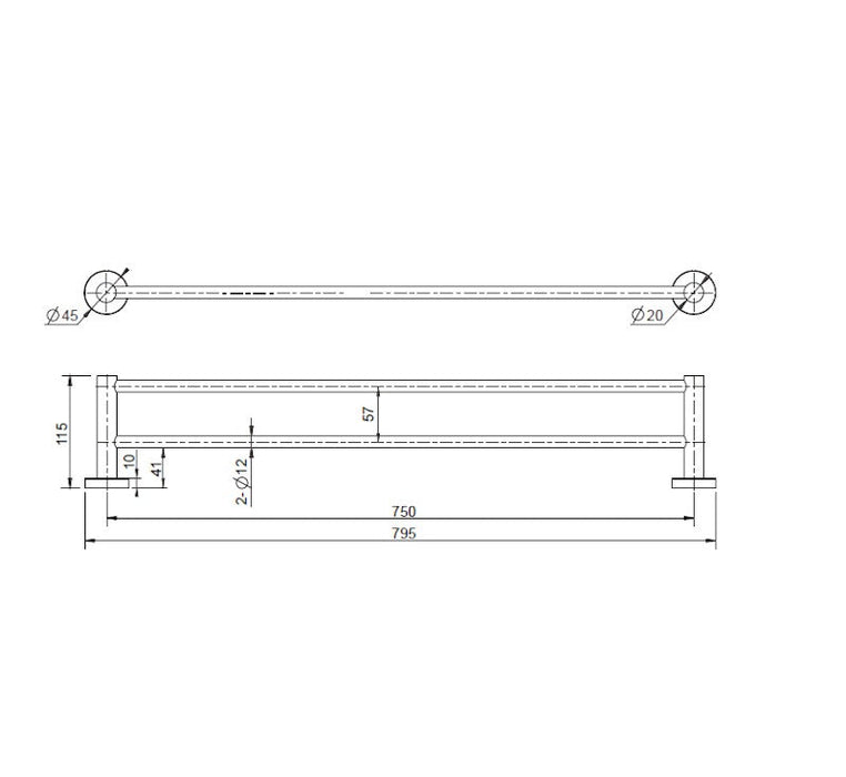 Technical Drawing: Mirage Double Towel Rail Brushed Nickel 750