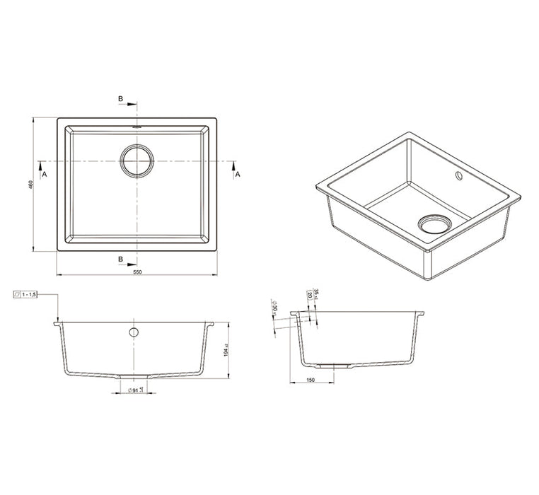 Technical Drawing: Como Single Bowl Granite Sink Black Finish - 550 x 460 x 194
