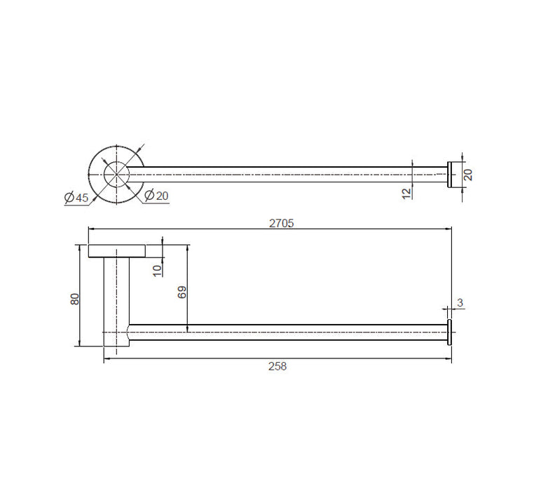 Technical Drawing: Mirage Hand Towel Bar 260mm Brushed Bronze
