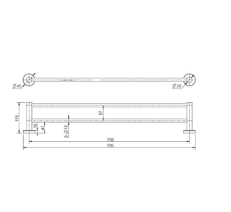 Technical Drawing: Mirage Double Towel Rail Matte Black 750