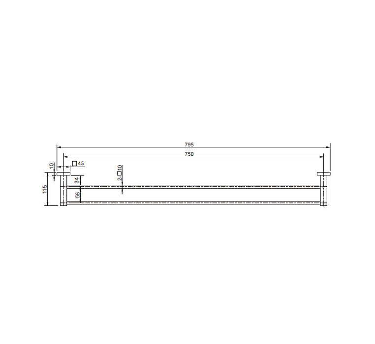 Technical Drawing: Luxe Double Towel Rail Chrome 750