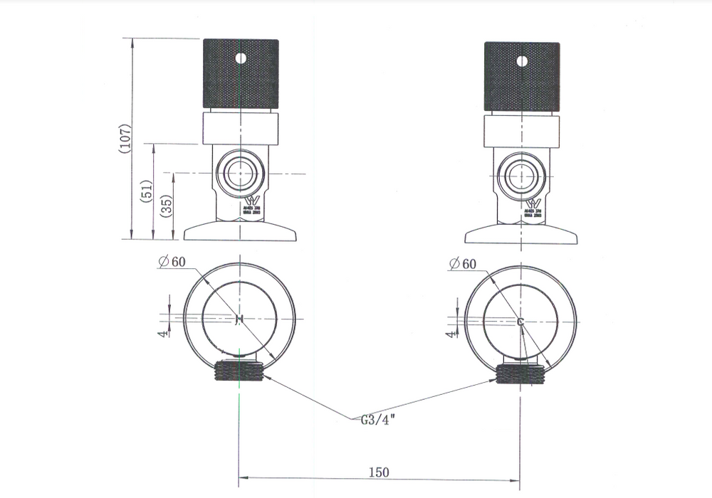 Technical Drawing: Cadence 1/4 Turn Washing Machine Stops Brushed Nickel