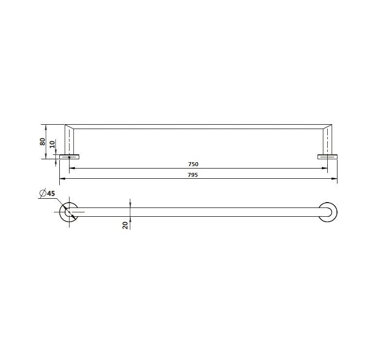 Technical Drawing: Eva Single Towel Rail Chrome 750