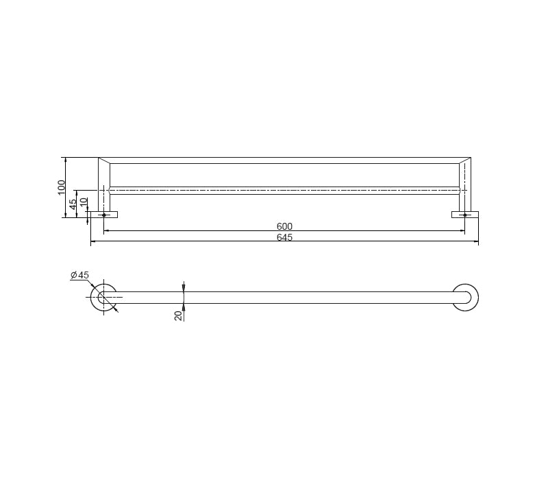 Technical Drawing: Eva Double Towel Rail Matte Black