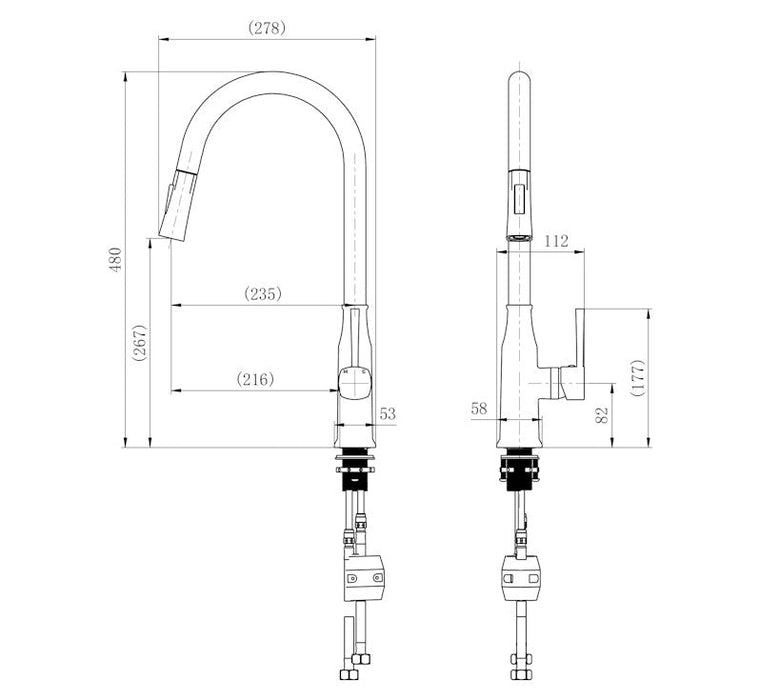 Technical Drawing: Helena Pull Out Kitchen Mixer Chrome