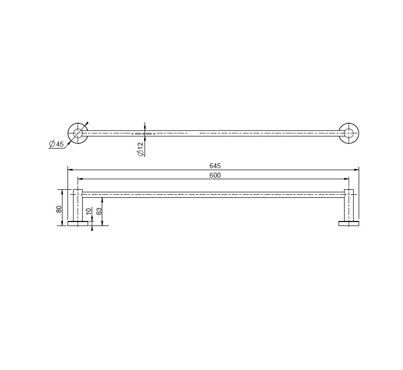 Technical Drawing: Mirage Single Towel Rail Brushed Bronze 600