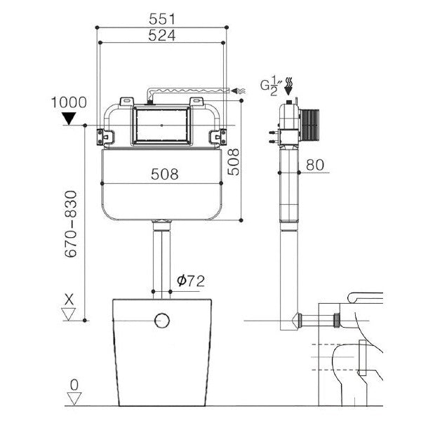 Technical Drawing: Zumi R&T Inwall Toilet Dual Flush Cistern