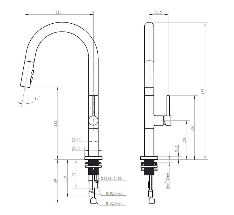 Technical Drawing: Modern National Bentley Pullout Kitchen Mixer 2 button Chrome