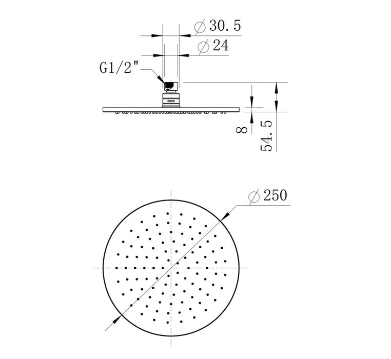 Technical Drawing: Star Round Shower Head 250mm Champagne