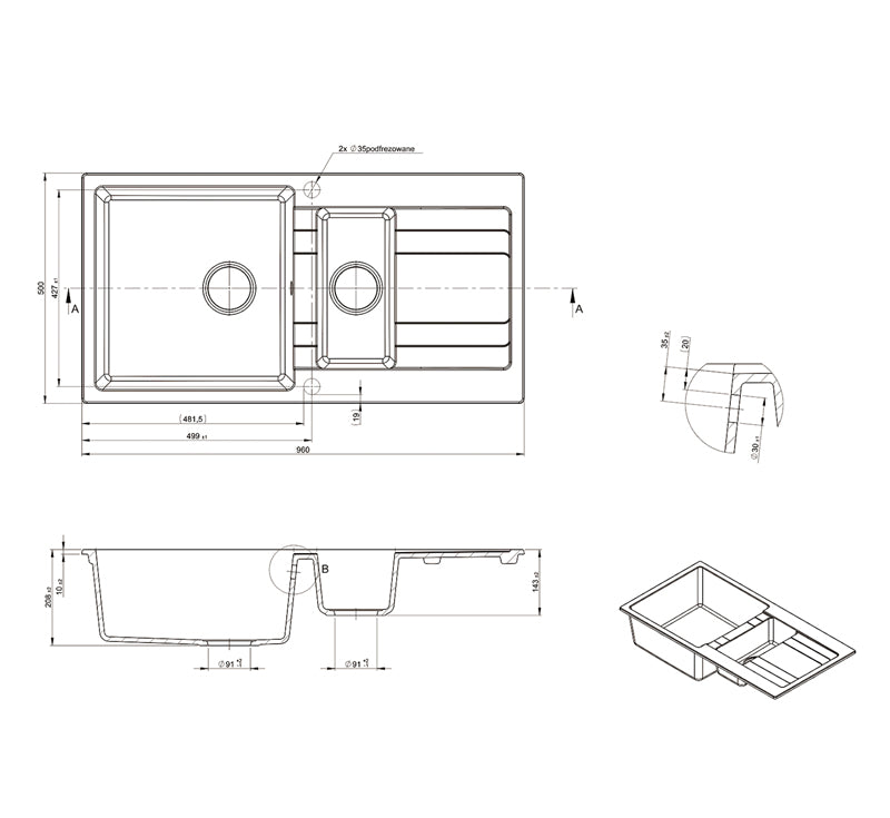 Technical Drawing: Riva 1 & 1/2 Bowl With Drainer Black