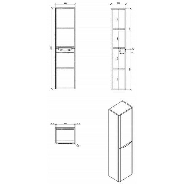 Technical Drawing: Bel Bagno Ancona 1500mm Side Cabinet Tallboy - Rose Wood