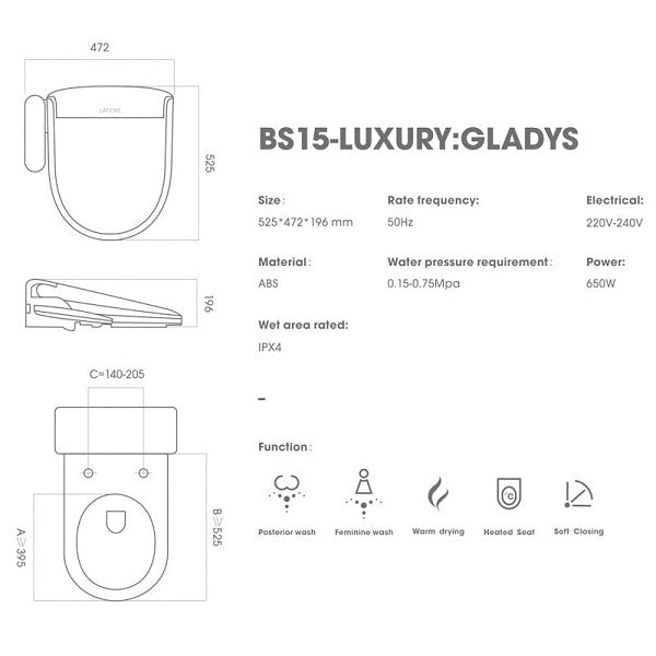 Technical Drawing: Lafeme Gladys Bidet Toilet Seat with Dry Function