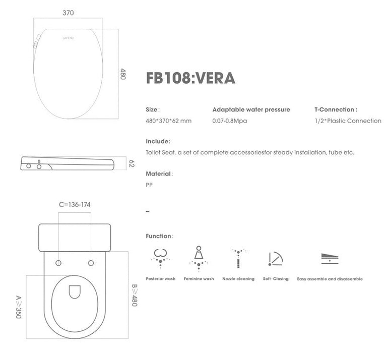 Technical Drawing: Lafeme Vera Non Electric Bidet Toilet Seat Cold Wash Only