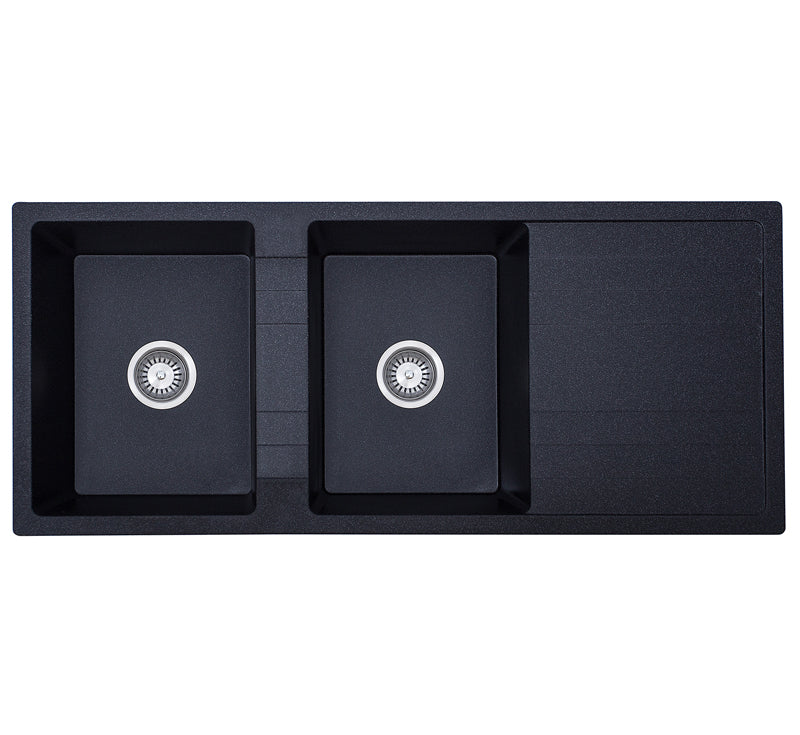 Modern National Riva Double Bowl With Drainer Black Finish - 1160x 500x 210 | The Blue Space