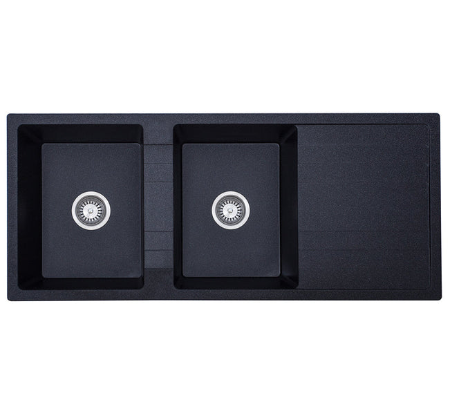 Modern National Riva Double Bowl With Drainer Black Finish - 1160x 500x 210 | The Blue Space