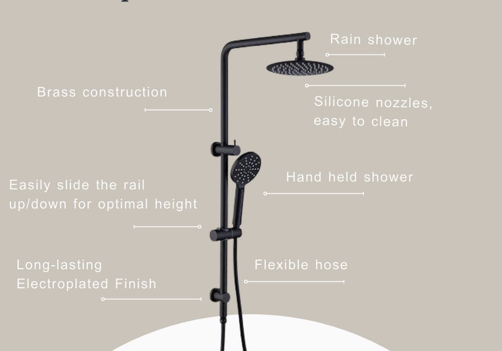 Indigo Ciara Shower on Rail with Overhead Matte Black features