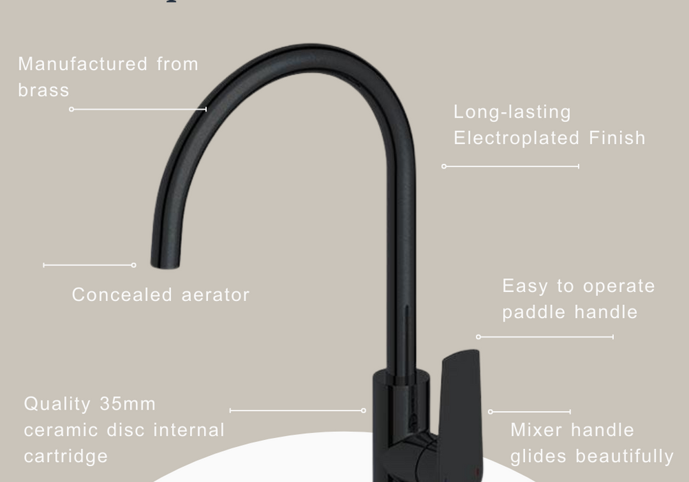 Indigo Savina Sink Mixer Matte Black product features | Swivel black sink mixer at The Blue Space