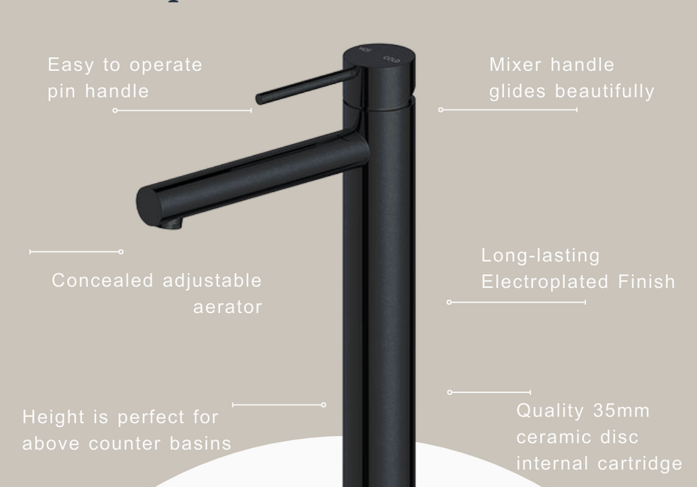 Indigo Alisa Tower Basin Mixer Matte Black Product features | The Blue Space
