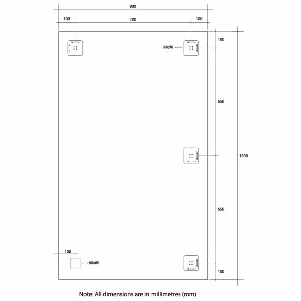 Technical Drawing: JS1590HN Thermogroup Rectangle Polished Edge Mirror with Demister