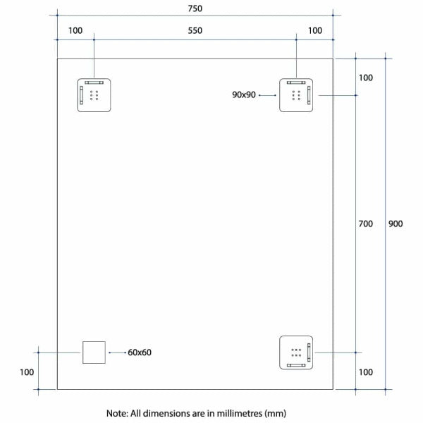 Technical Drawing: JS9075HN Thermogroup Rectangle Polished Edge Mirror with Demister
