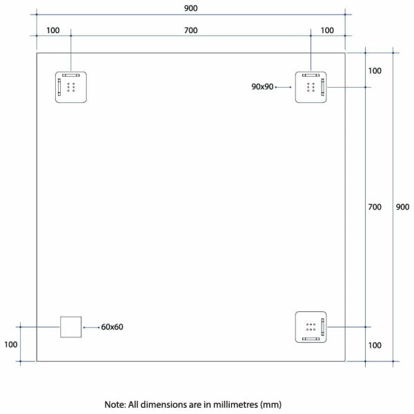 Technical Drawing: JS9090HN Thermogroup Rectangle Polished Edge Mirror with Demister