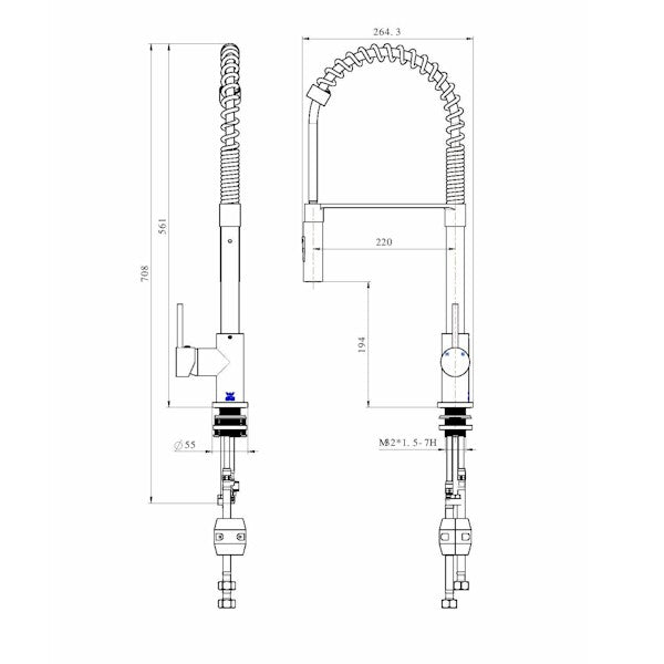 Technical Drawing: Kasper Spring Kitchen Mixer Chrome