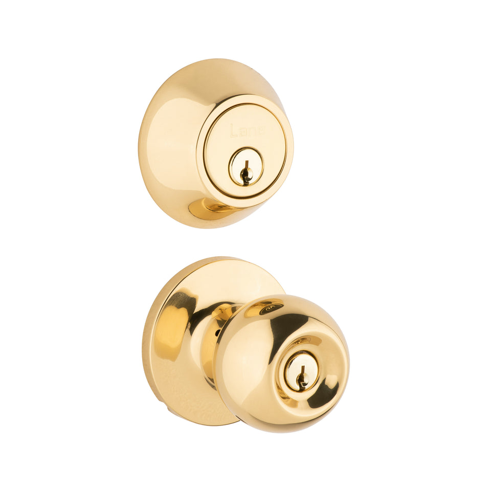 Lane Bala Security Knob Door Handle Set Round Rosette Polished Brass