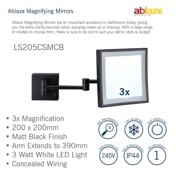 Product Features: Thermogroup Ablaze Lit Magnifying Square Mirror 3x Mag