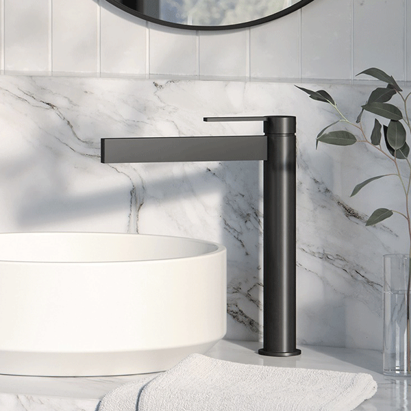 Phoenix Lexi MKII Vessel Mixer Matte Black in modern white marble minimalist bathroom design