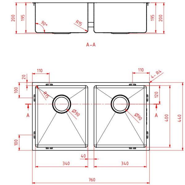 Double Bowl Sink, Round Corner Round Waste