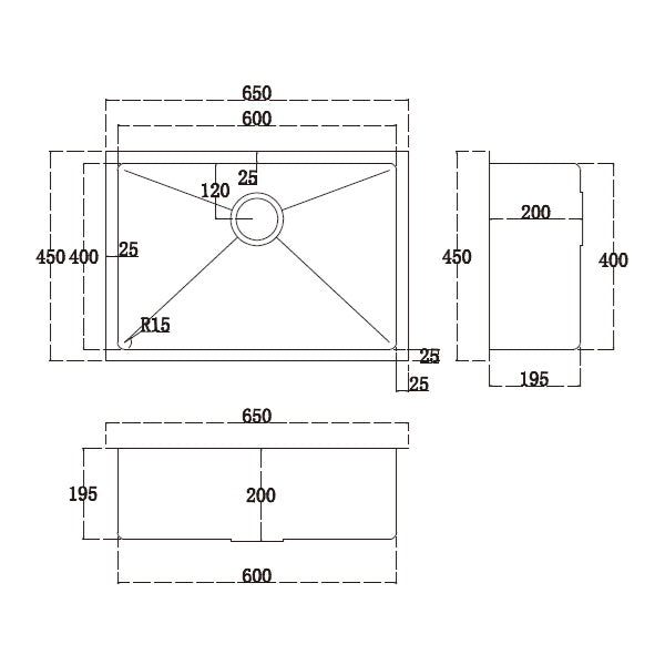 Technical Drawing: Single Bowl Sink, Round Corner Round Waste