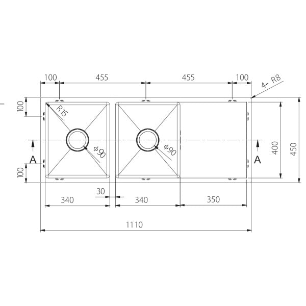 Double Bowl Sink, Round Corner Round Waste - Left Or Right Drainer