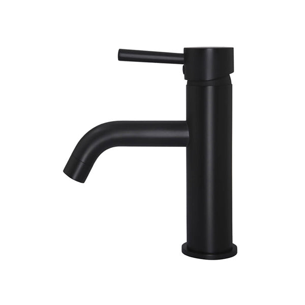 Meir Round Matte Black Basin Mixer with Curved Spout Side View - The Blue Space