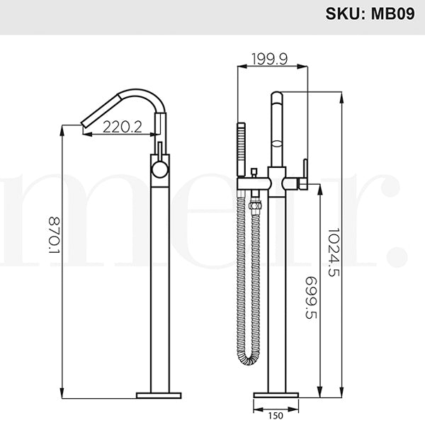 Technical Drawing - Meir Freestanding Round Bath Mixer with Hand Spray