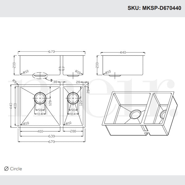 Technical Drawing - Meir Kitchen Mini Sink Double Bowl 670mm x 440mm - Brushed Nickel