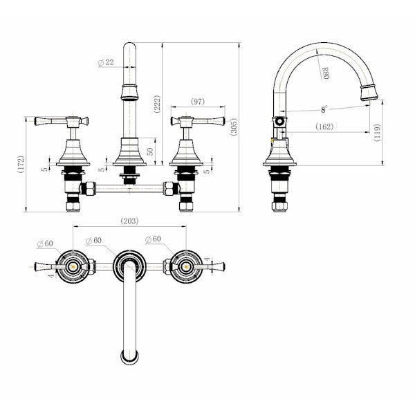 Technical Drawing: Montpellier Basin Set Chrome