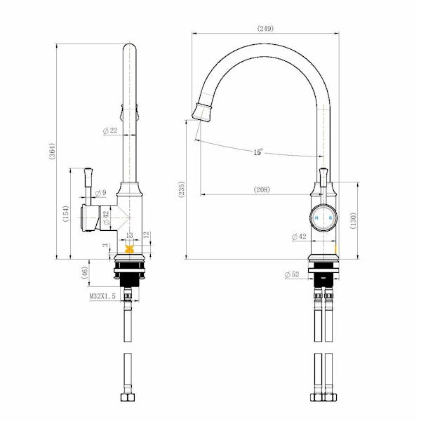 Technical Drawing: Montpellier Goose Neck Kitchen Mixer Chrome