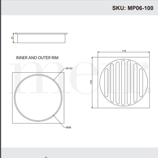 Meir Square Floor Grate Shower Drain 100mm Outlet - Gold