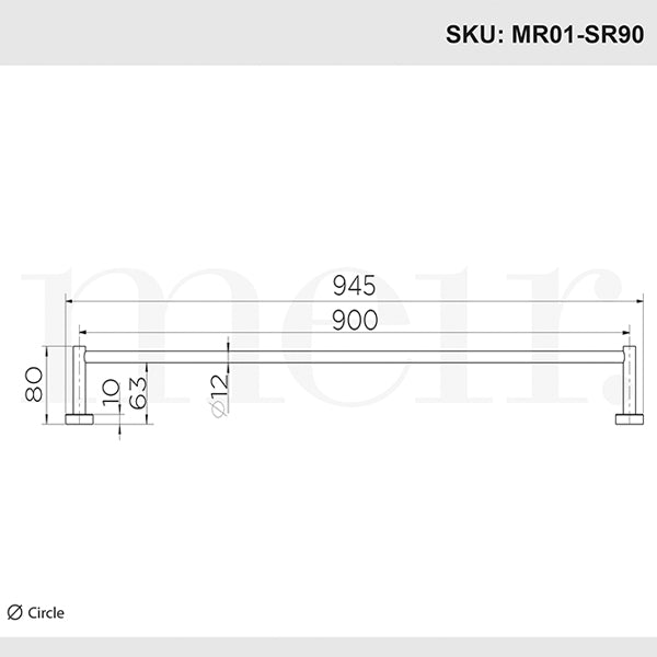 Meir Round Single Champagne Towel Rail 900mm Technical Drawing - The Blue Space