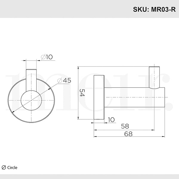 Meir Round Chrome Robe Hook Technical Drawing - The Blue Space