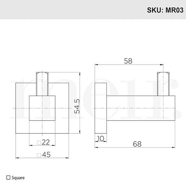 Meir Square Matte Black Robe Hook Technical Drawing - The Blue Space