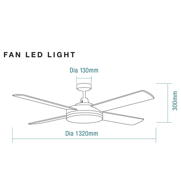 Technical Drawing - Martec Razor 52" 132cm Ceiling Fan with 28W LED CCT Light White