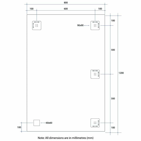 Technical Drawing: MS1280HN Thermogroup Rectangle 25mm Bevel Edge Mirror with Demister