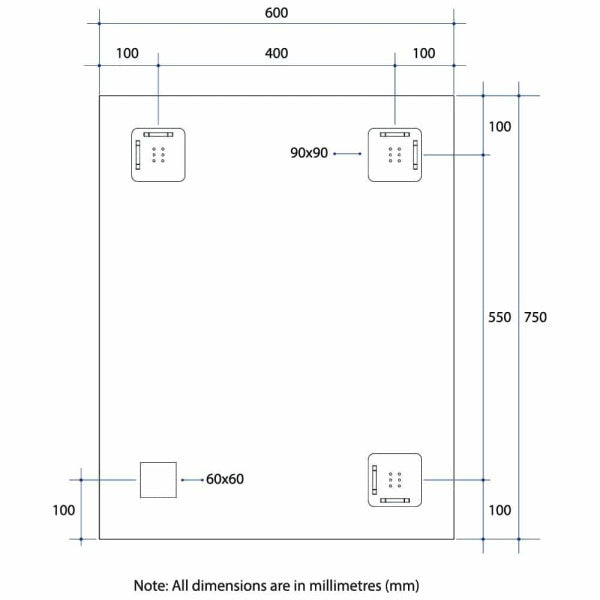 Technical Drawing: MS6075HN Thermogroup Rectangle 25mm Bevel Edge Mirror with Demister