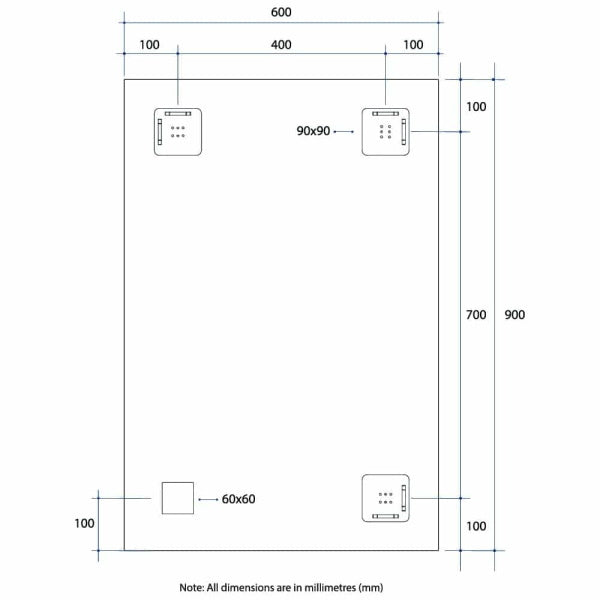 Technical Drawing: MS6090HN Thermogroup Rectangle 25mm Bevel Edge Mirror with Demister