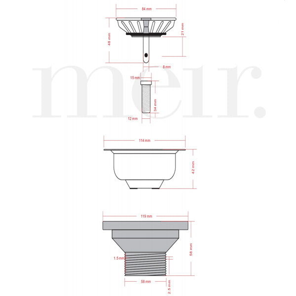 Technical Drawing - Meir Sink Strainer and Waste Plug Basket with Stopper