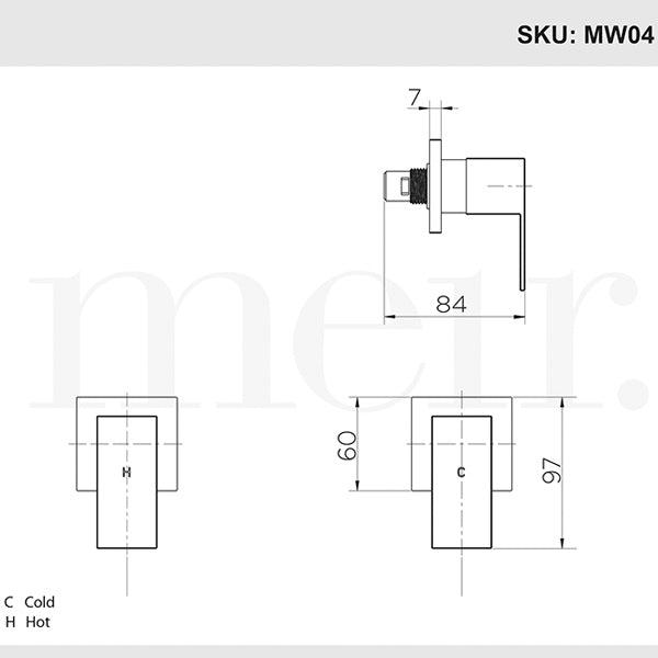 Meir Square Quarter Turn Wall Top Assembly Taps Dimensions - The Blue Space