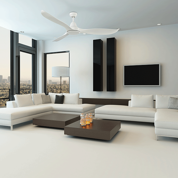 Martec Wave 52" 132cm DC Ceiling Fan with 18W LED CCT Light White Satin in modern lounge room - lounge room ceiling fans at The Blue Space